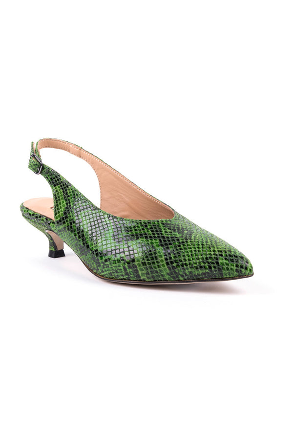 Mid-heeled green snake pattern leather slingbacks