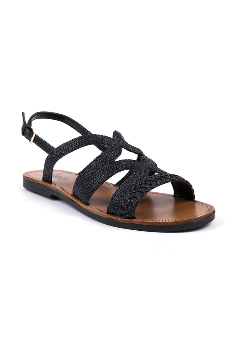 Flat sandals in black raffia