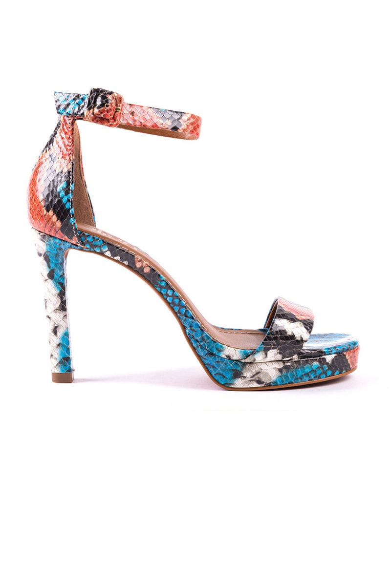 High-heeled sandals in snake print engraved leather