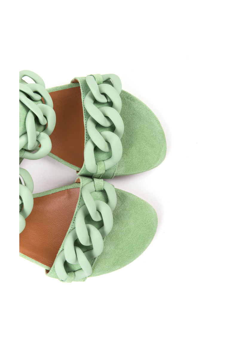 Sandálias de senhora rasas em camurça azul, verde água e toupeira