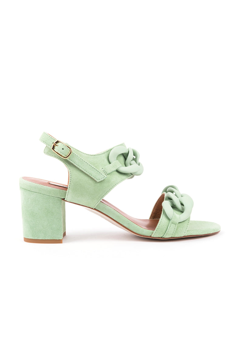 Sandálias de senhora com salto médio em tons pastel, verde, toupeira e azul