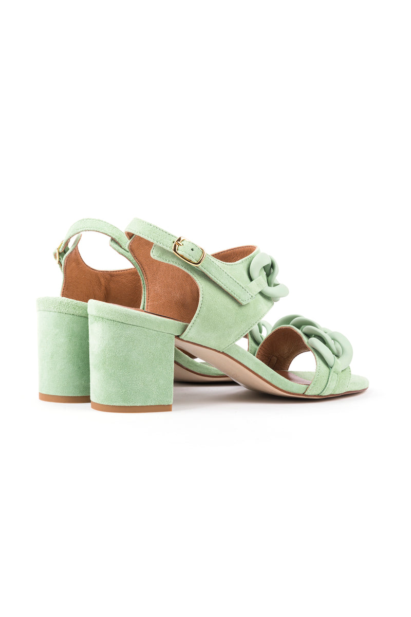 Sandálias de senhora com salto médio em tons pastel, verde, toupeira e azul