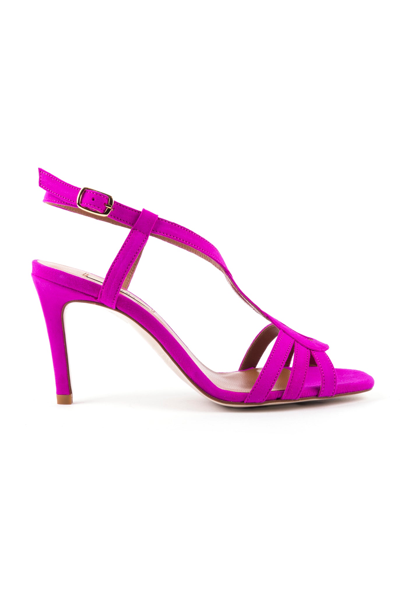 Sandálias de cerimónia, para festa, em camurça de salto alto. Fushia e azul eléctrico