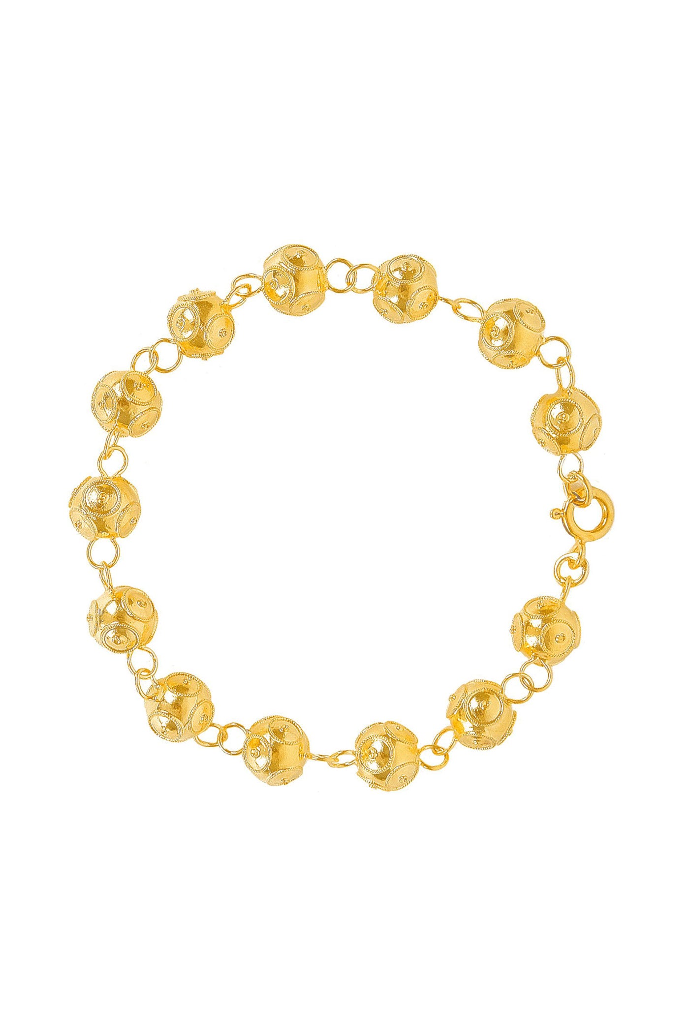 Pulseira em prata dourada 925‰ com 20cm e 6,8gr. Contas de Viana com 8mm. Feito em Portugal.
