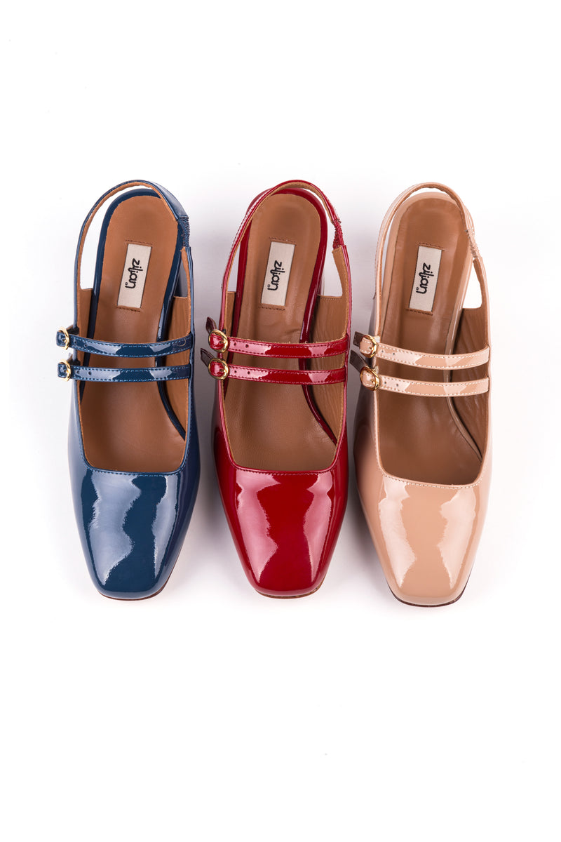 Slingbacks com salto médio estilo Mary Jane em pele envernizada