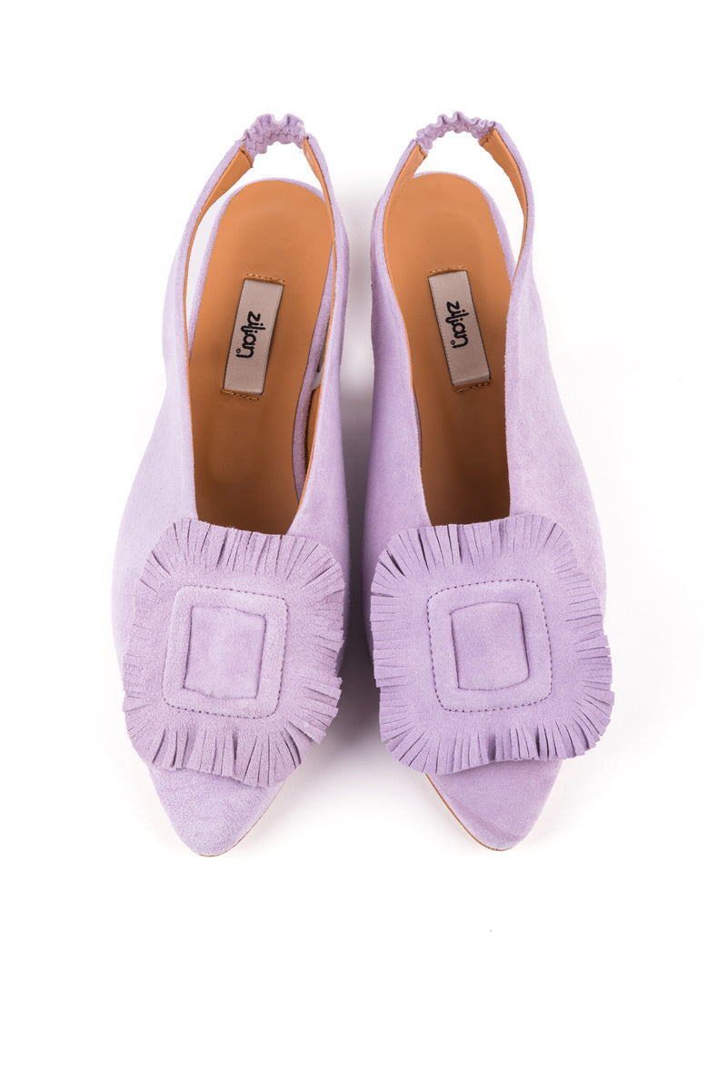Suede slingbacks with fringe application