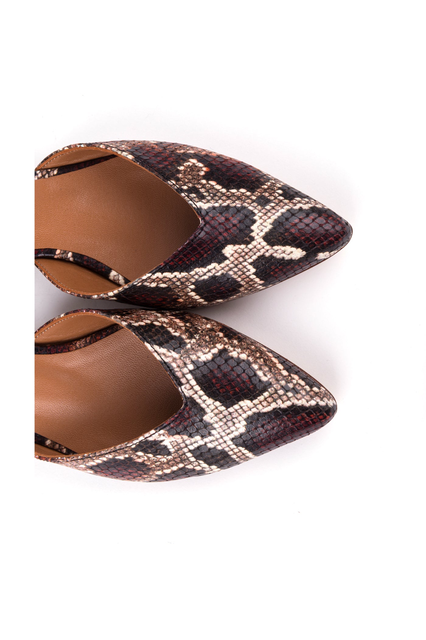 Sabrinas rasas bicudas em pele gravada cobra