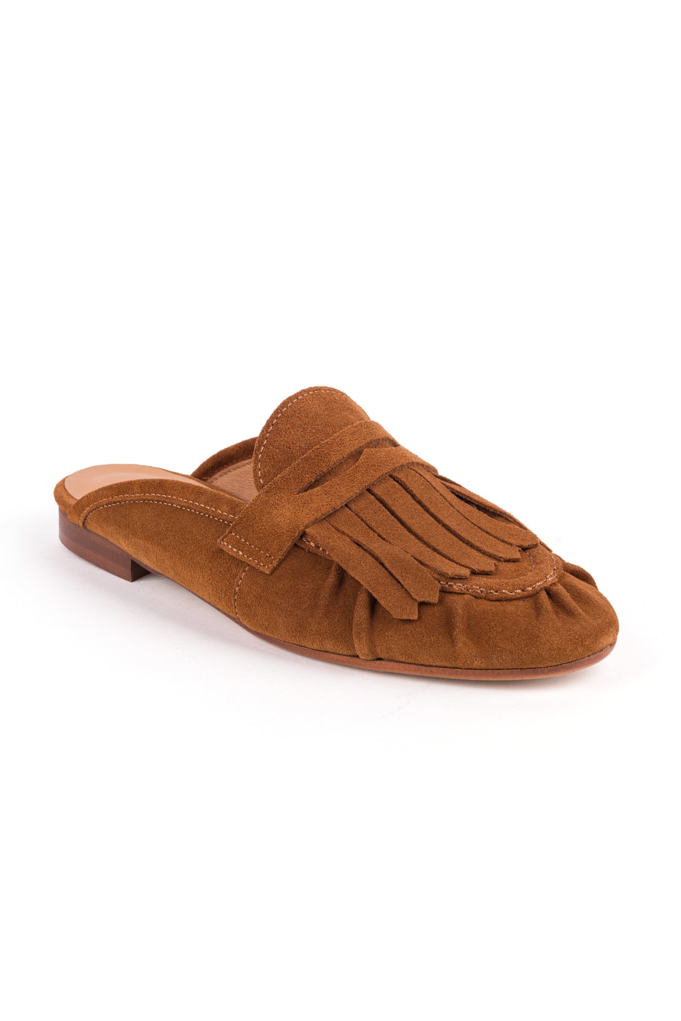 Mule em croute camel, com biqueira redonda e salto de 1,5 cm