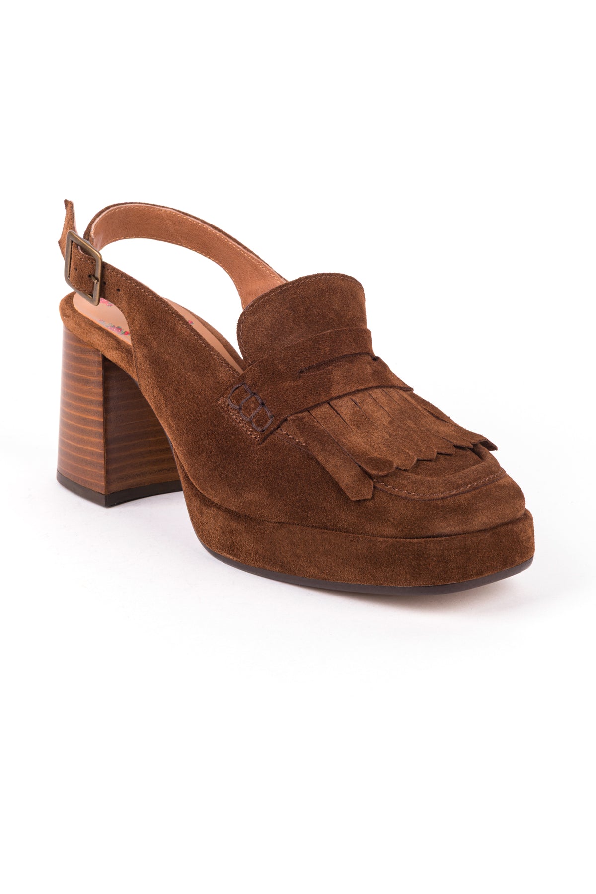 Loafers slingback em croute castanho da Zilian, com travessão com franjas e fivela no calcanhar.