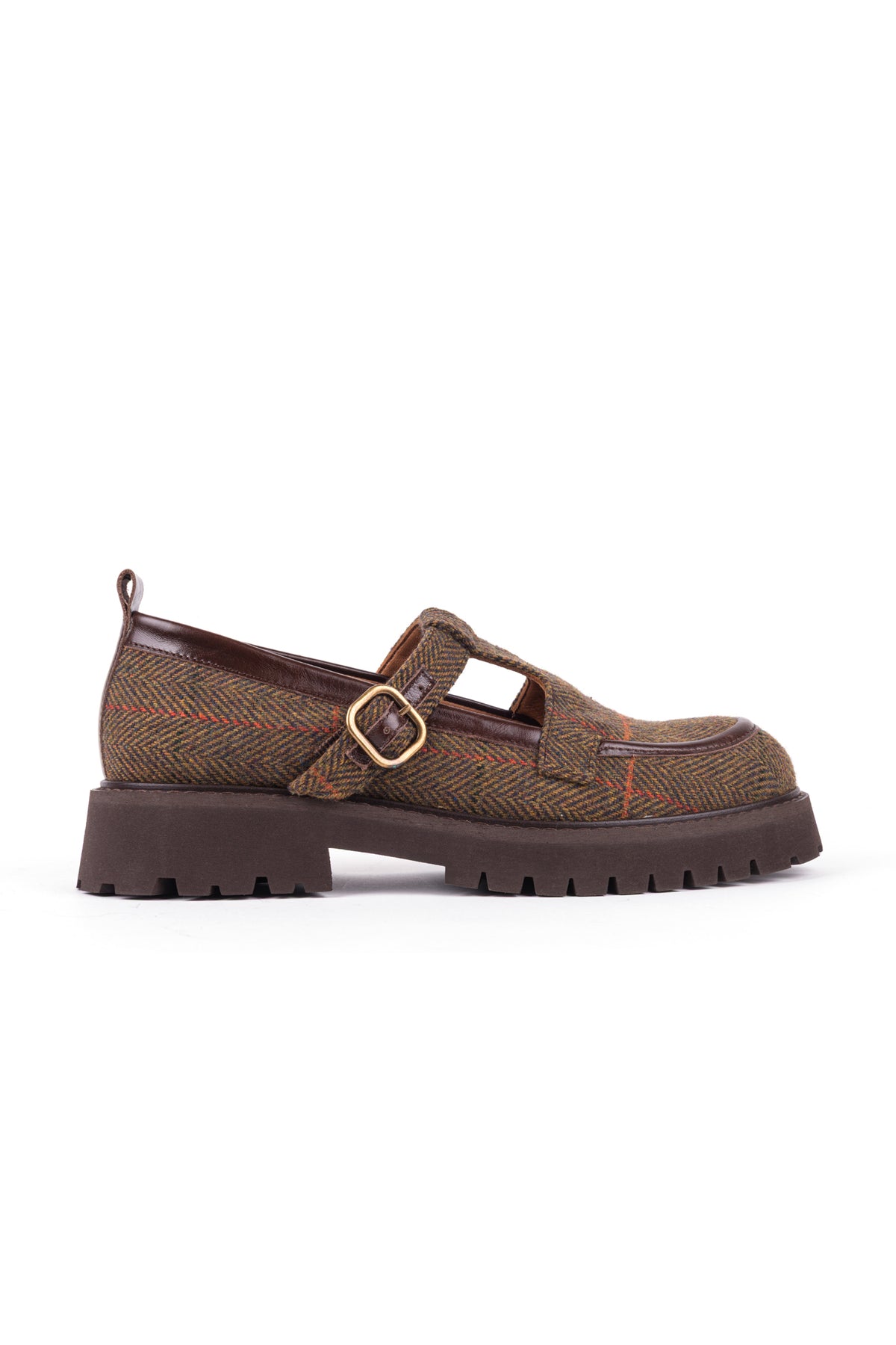 Sapatos Mary Jane em tweed castanho e pele, com travessão à frente