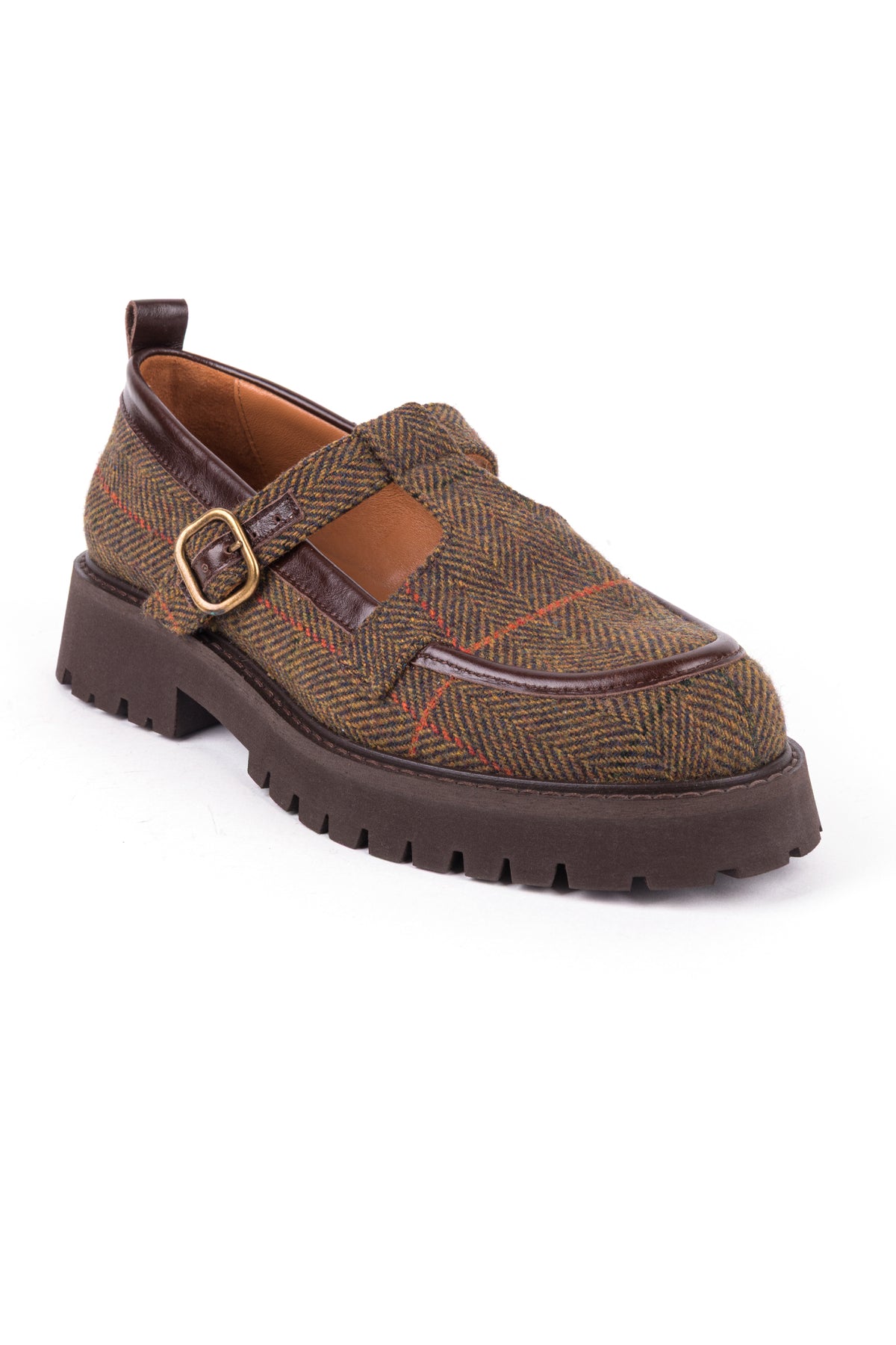 Par de Mary Janes em tweed de espinha, em castanho, verde e laranja