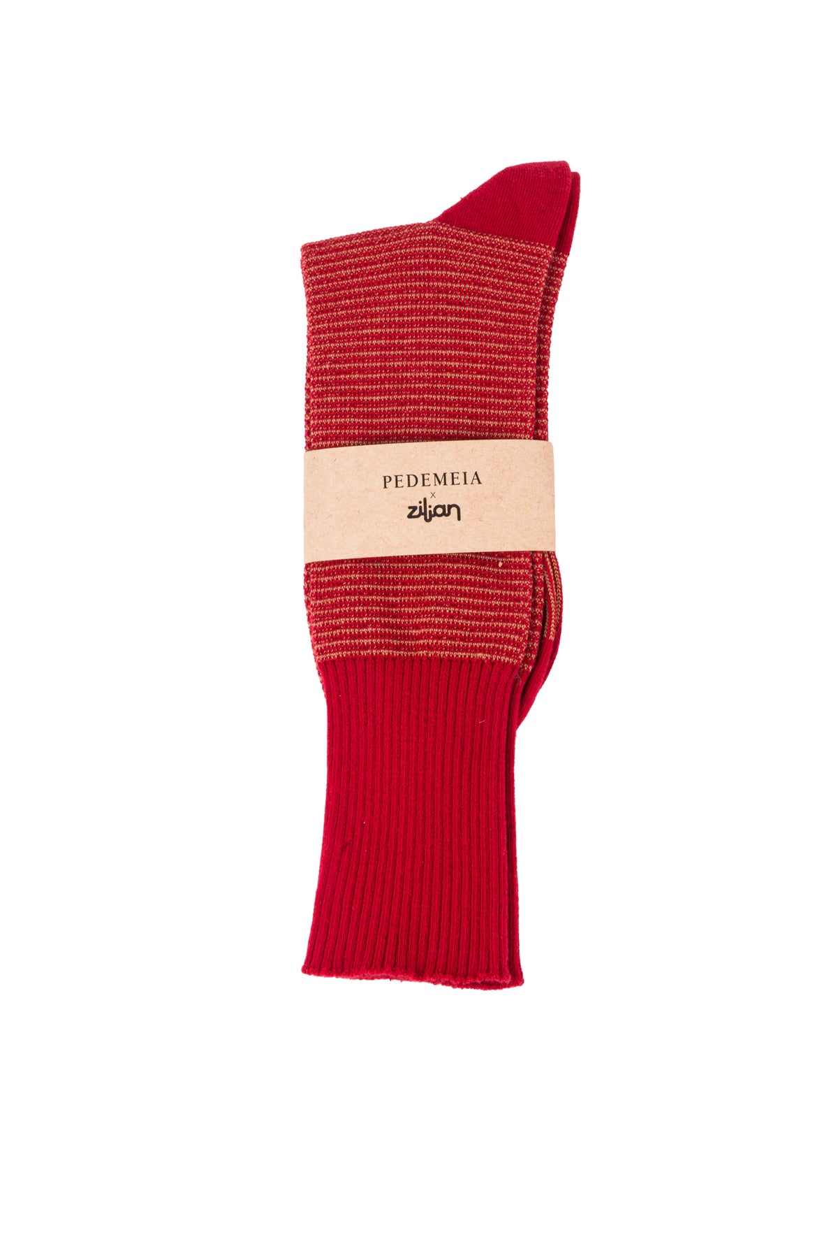 Meias bordeaux com riscas muito finas em dourado, dobradas na cinta de papel ZILIAN X PEDEMEIA.