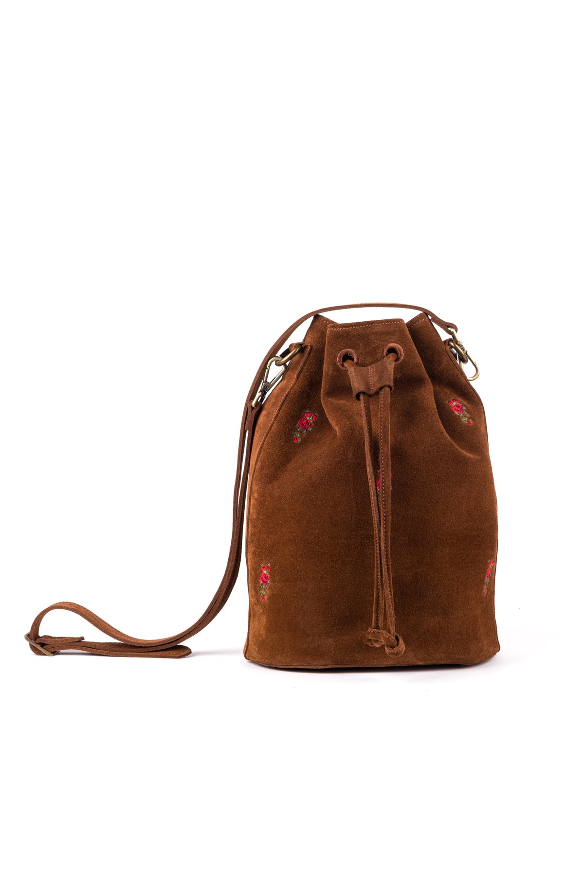Bolsa saco em camurça castanha com rosas bordadas e alça regulável