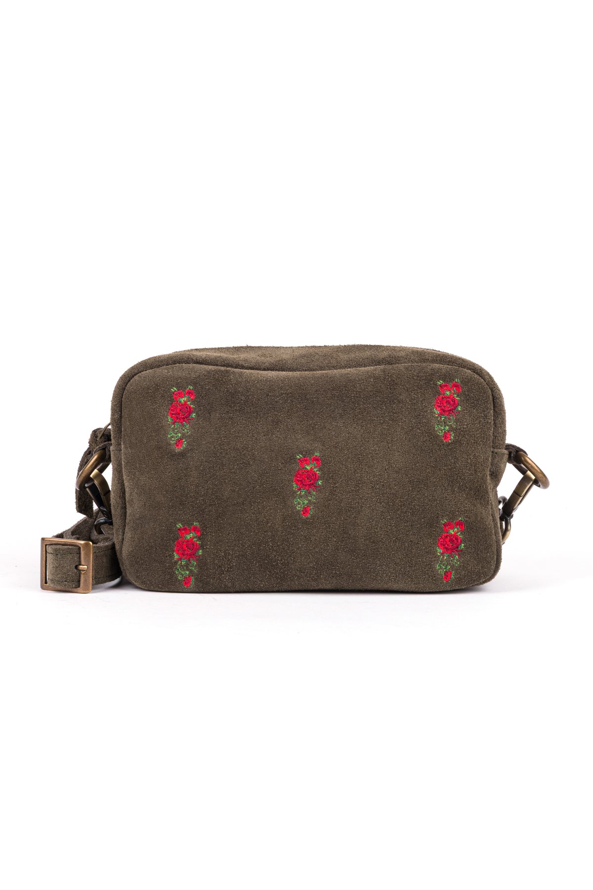 Bolsa tiracolo em croute verde com rosas bordadas e fecho de correr