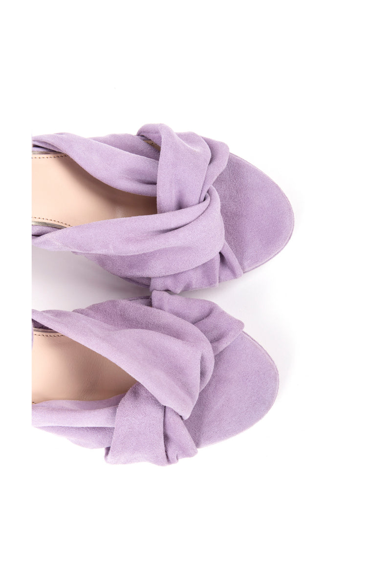 Sandálias de noiva de salto alto 9 cm com detalhe de nó em camurça lilás