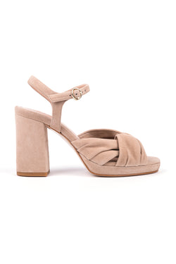 High heeled platform 9 cm bridal sandals with twist detail in taupe suede