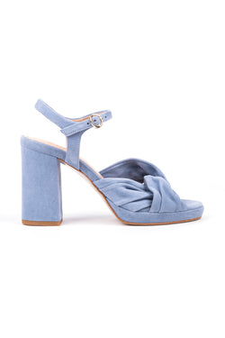 Sandálias de noiva de salto alto 9 cm com detalhe de nó em camurça azul