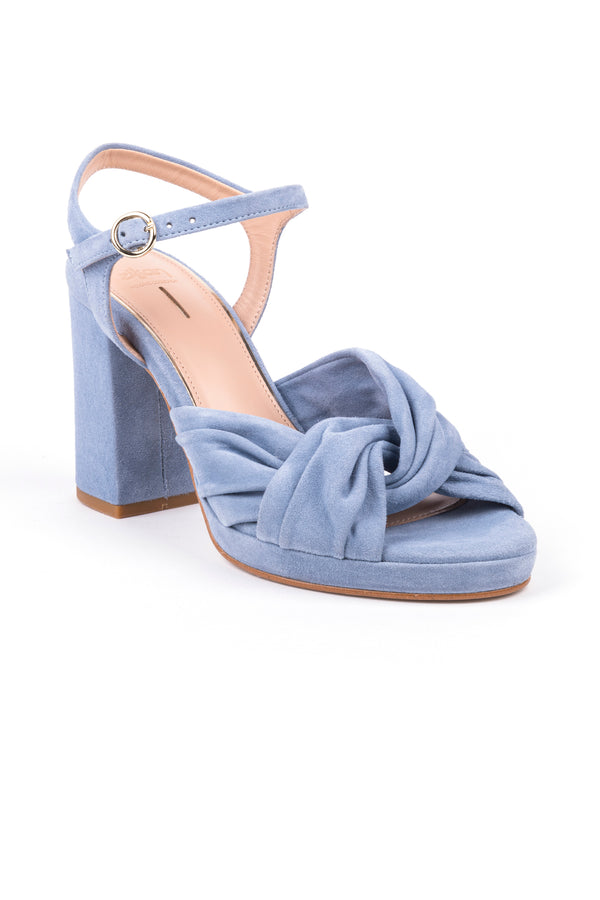 High heeled platform bridal sandals with twist detail in blue suede