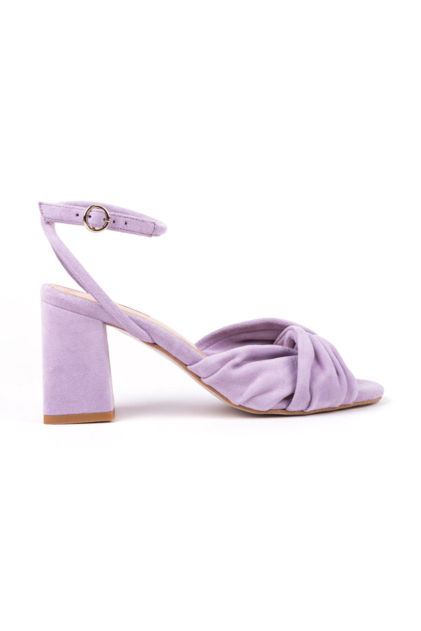 High heeled bridal sandals with twisted details in lilac suede