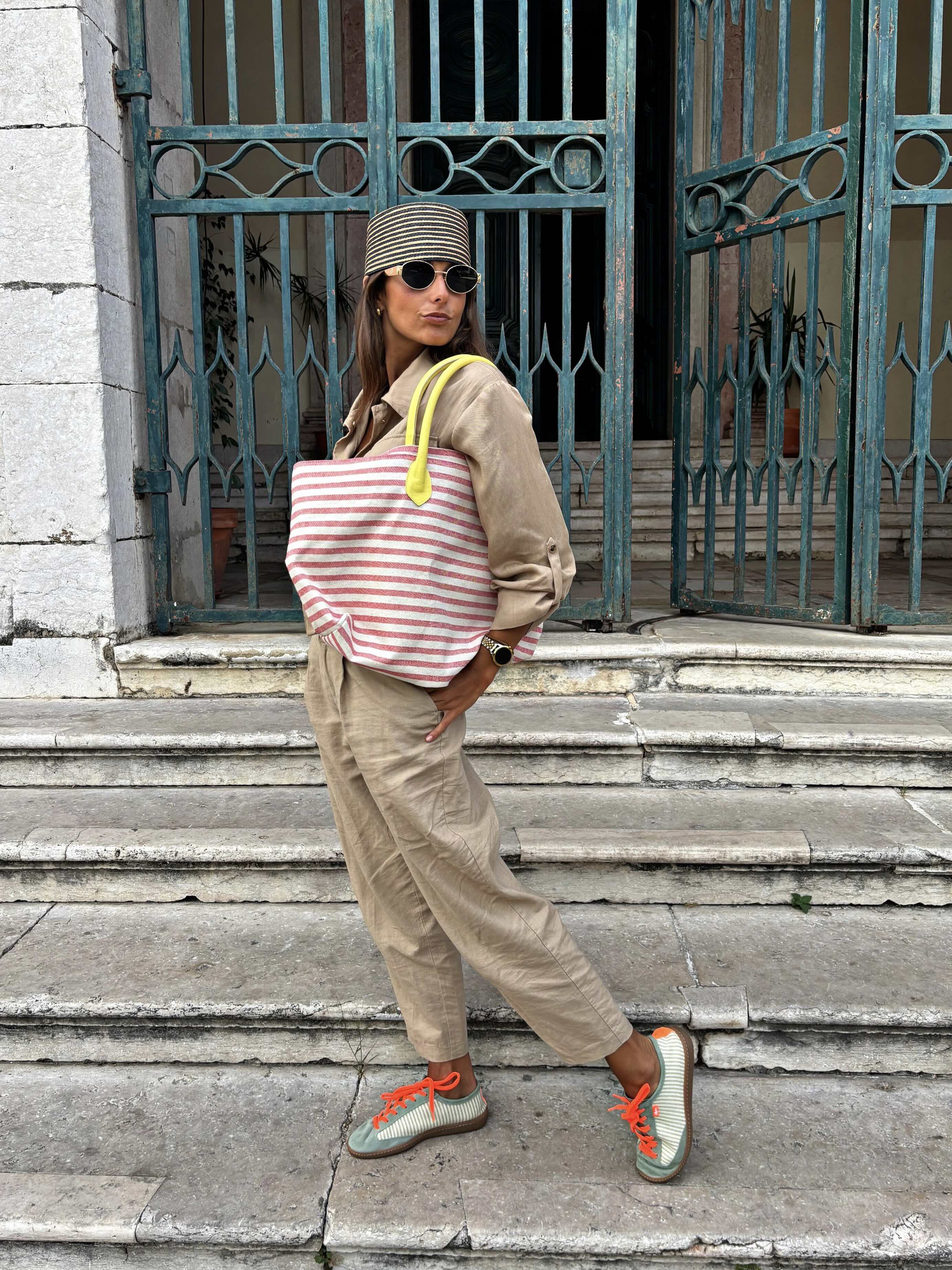 Tote Bag em Lona às Riscas