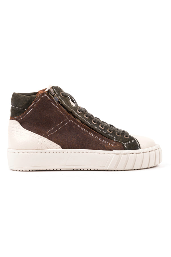 High Top Sneakers in beige leather and camel waxed suede