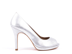 High-heeled shoes in metallic silver leather