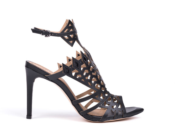 High-heeled sandals in black leather