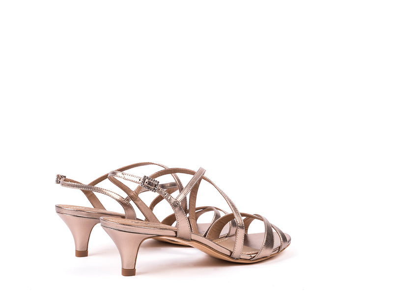 Medium-heeled sandals in metallic lead leather