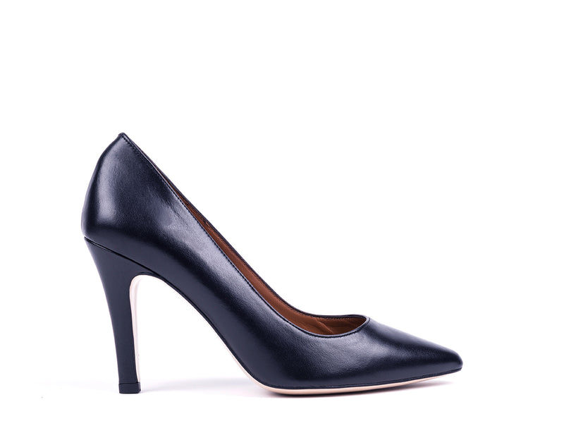 High-heeled navy blue leather shoes