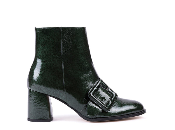 Green patent leather high-heeled ankle boots