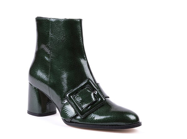 Green patent leather high-heeled ankle boots