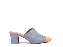 High-heeled mules in blue fabric