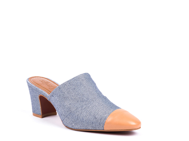 High-heeled mules in blue fabric