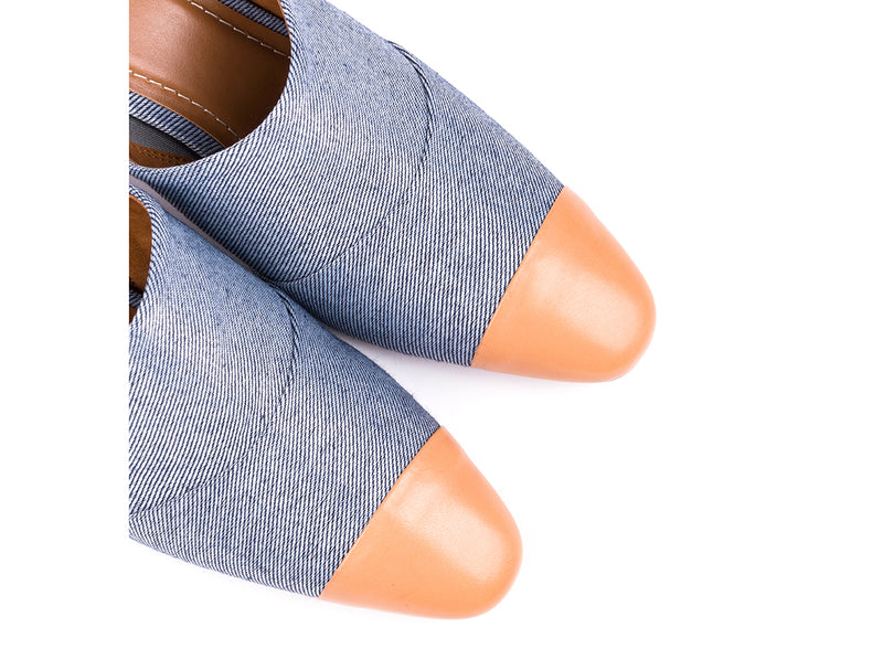 High-heeled mules in blue fabric