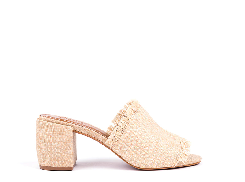 High-heeled mules in natural linen