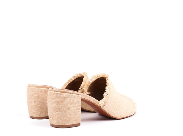 High-heeled mules in natural linen