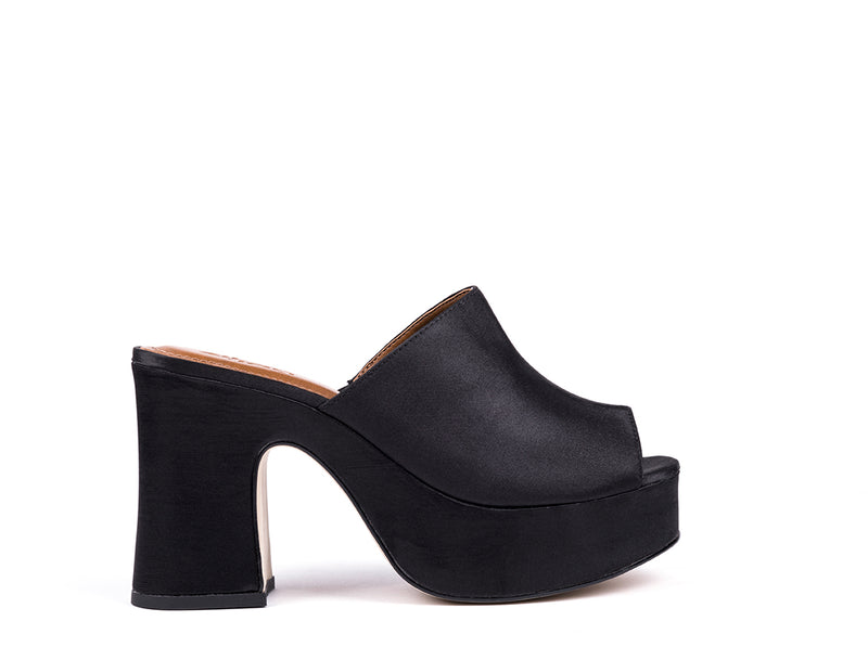 High-heeled mules in black fabric