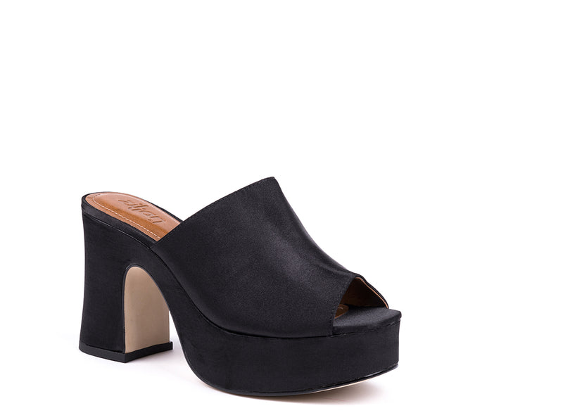 High-heeled mules in black fabric