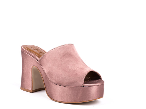 Mules peep toe de salto alto em tecido rosa