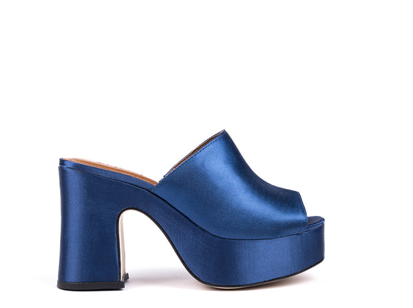 Mules peep toe de salto alto em tecido azul marinho