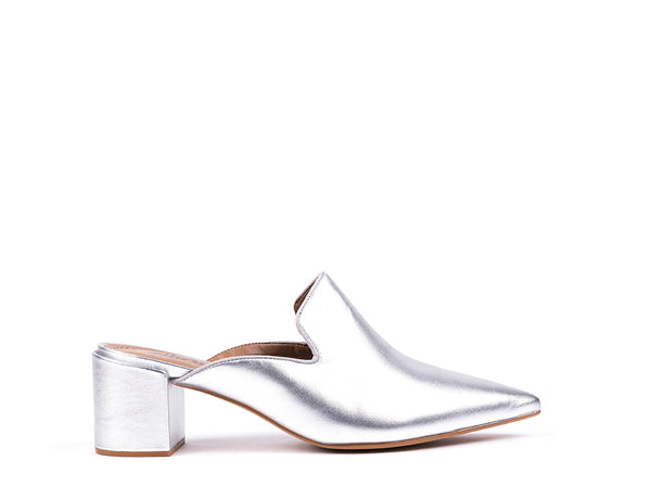 ​High-heeled mules in metallic silver leather