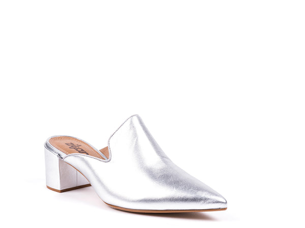 ​High-heeled mules in metallic silver leather