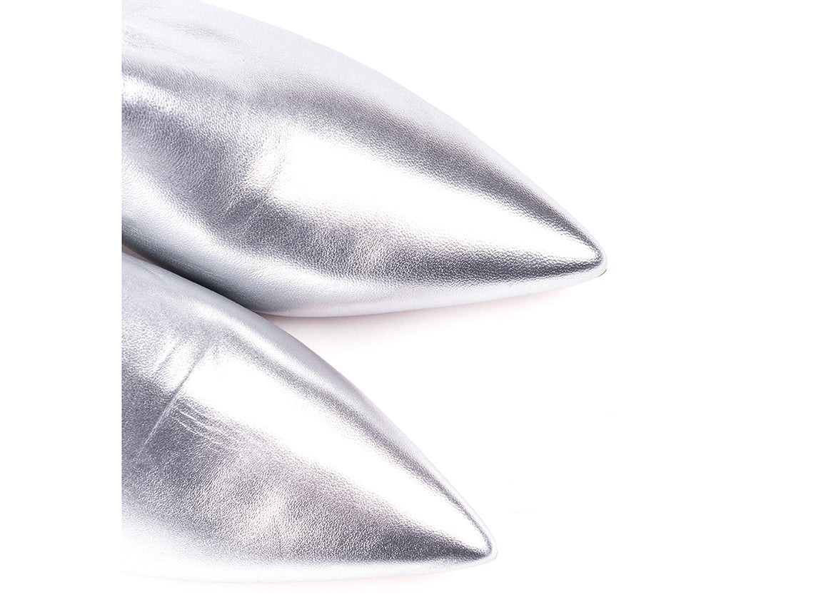 ​High-heeled mules in metallic silver leather