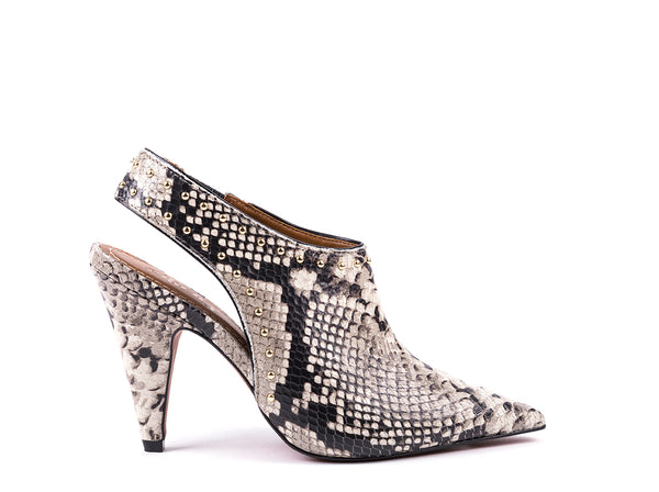High-heeled slingbacks with natural snake effect leather