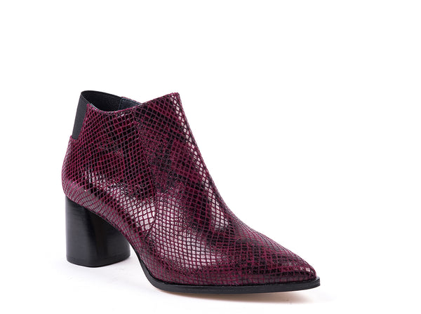 High-heeled ankle boots in embossed snake bordeaux leather