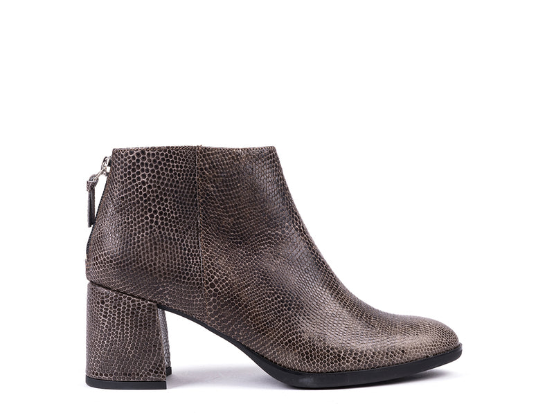 High-heeled ankle boots in gray embossed leather