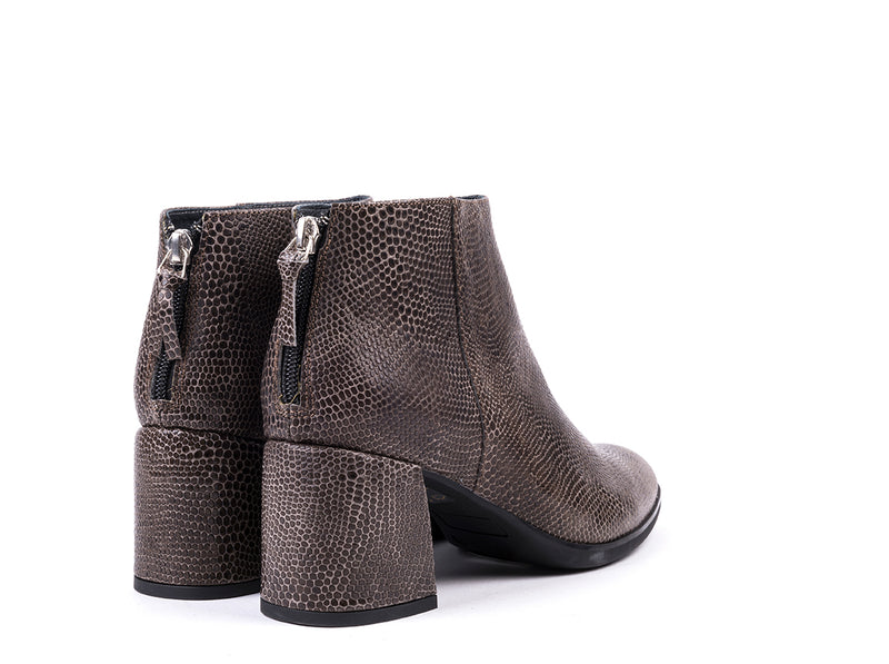 High-heeled ankle boots in gray embossed leather