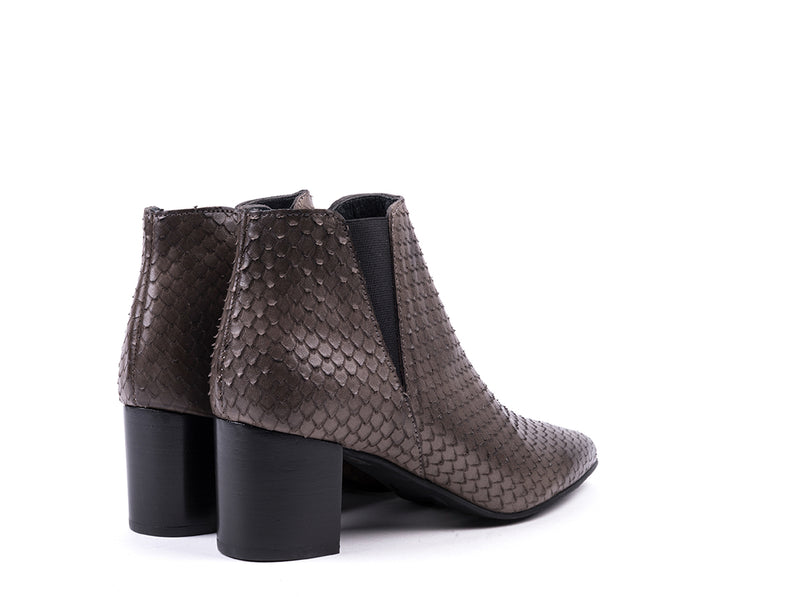 ​High-heeled ankle boots in gray embossed leather
