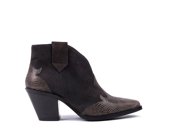 High-heeled western ankle boots in grey embossed leather.