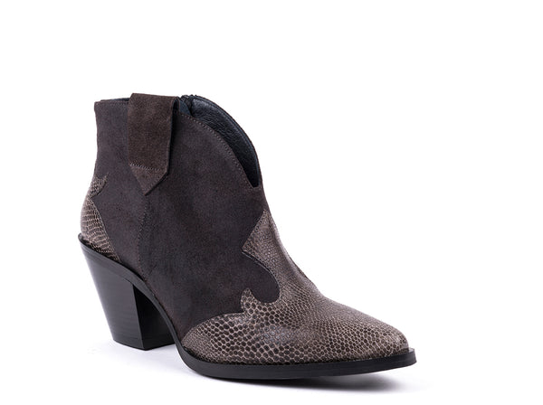High-heeled western ankle boots in grey embossed leather.